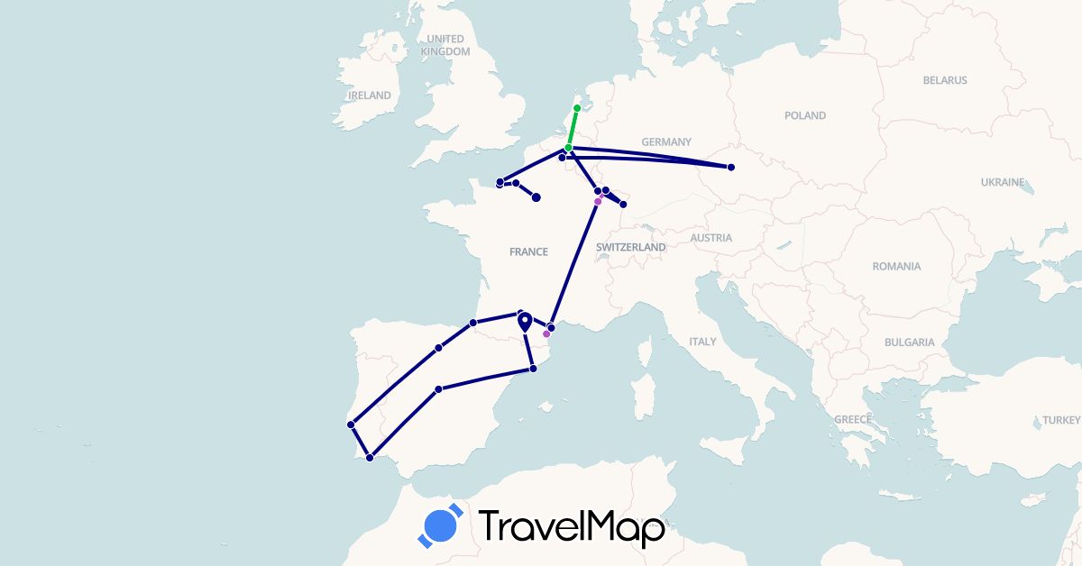 TravelMap itinerary: driving, bus, plane, train in Belgium, Spain, France, Netherlands, Portugal (Europe)